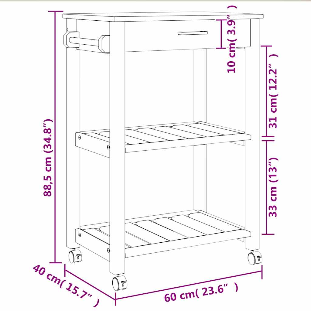 Kitchen Trolley MONZA 60x40x88.5 cm Solid Wood Pine