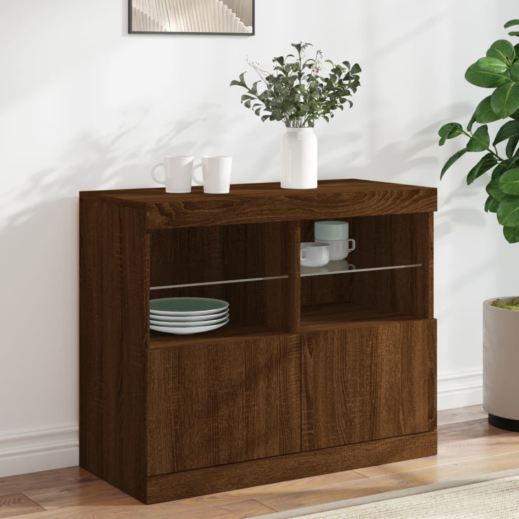 Sideboard with LED Lights Brown Oak 81x37x67 cm