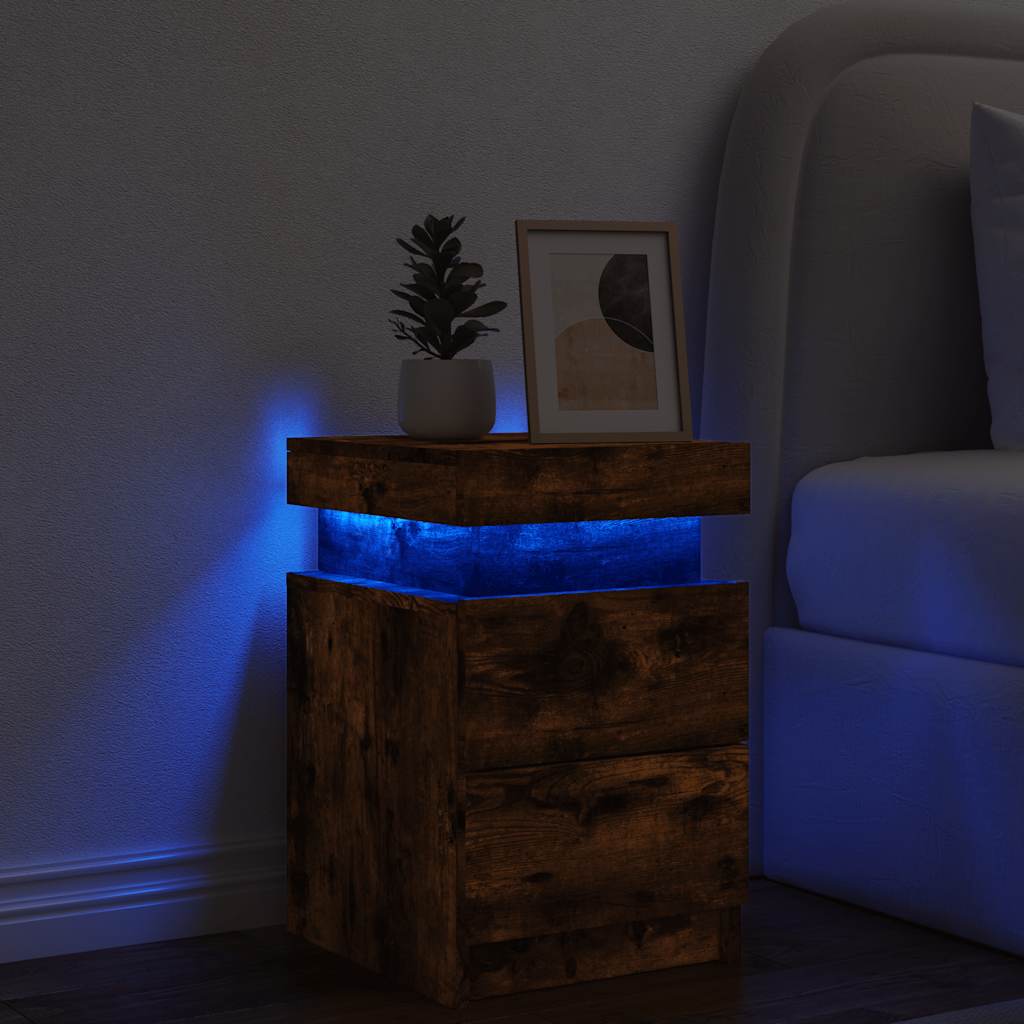Bedside Cabinet with LED Lights Smoked Oak 35x39x55 cm