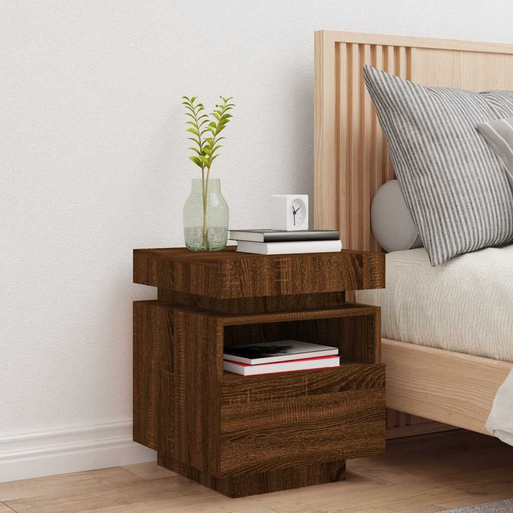 Bedside Cabinet with LED Lights Brown Oak 40x39x48.5 cm
