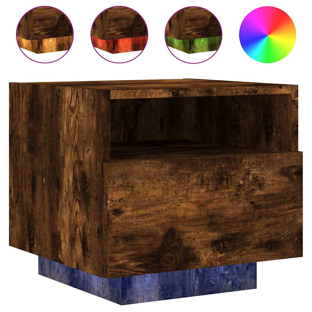 Bedside Cabinet with LED Lights Smoked Oak 40x39x37 cm