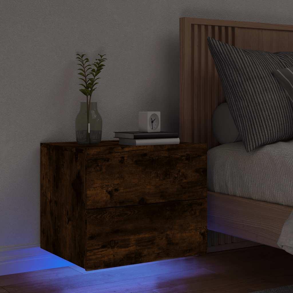 Wall-mounted Bedside Cabinet with LED Lights Smoked Oak