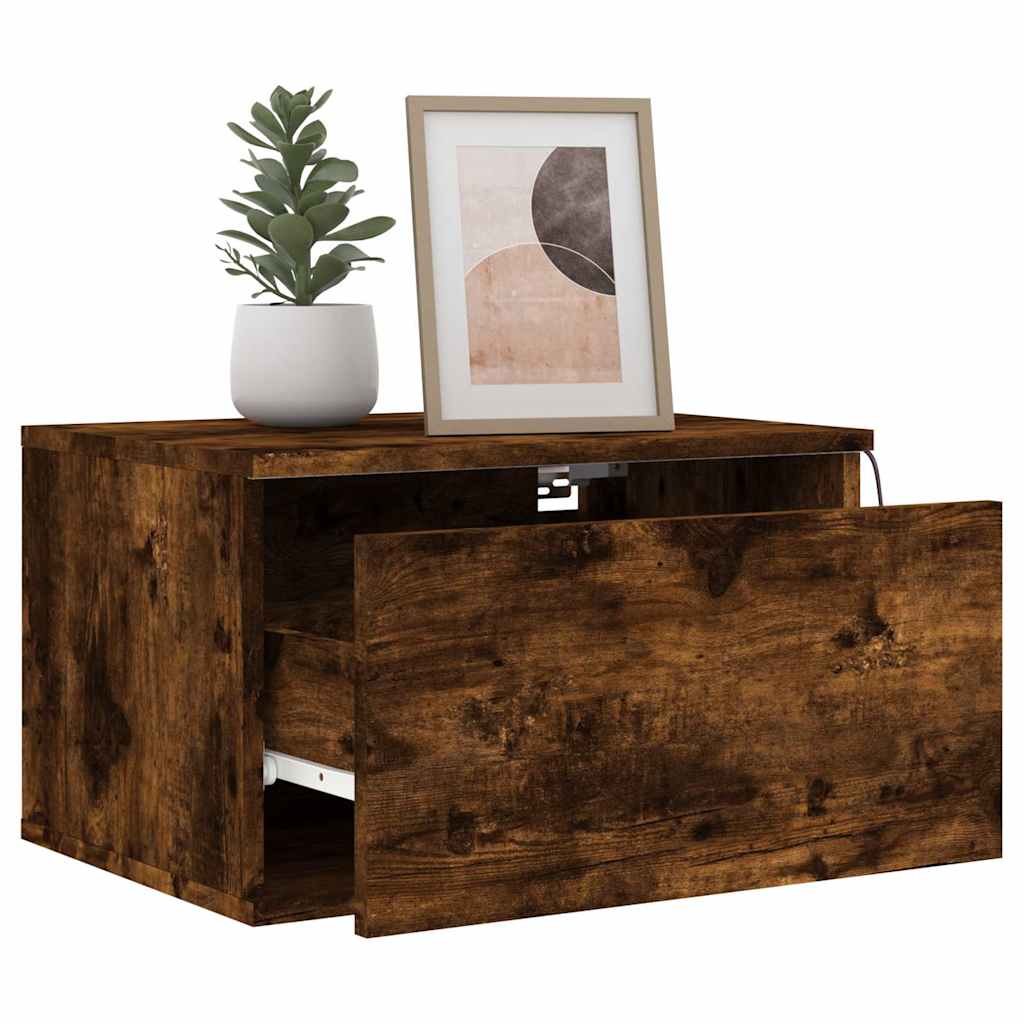Wall-mounted Bedside Cabinet with LED Lights Smoked Oak