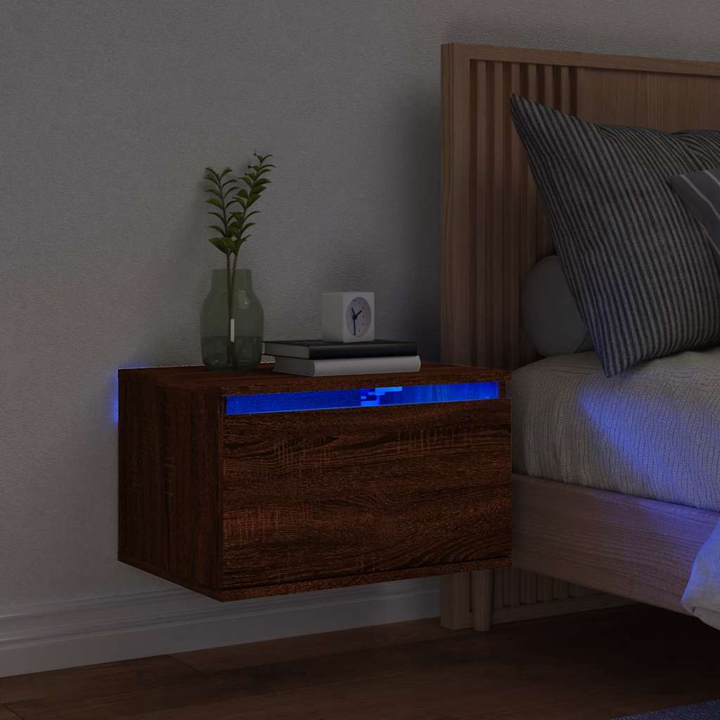 Wall-mounted Bedside Cabinet with LED Lights Brown Oak
