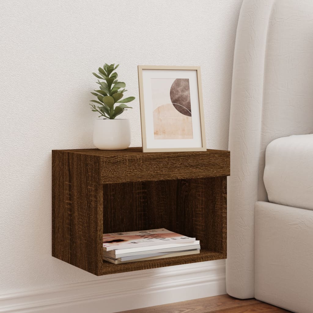 Bedside Cabinet with LED Lights Wall-mounted Brown Oak