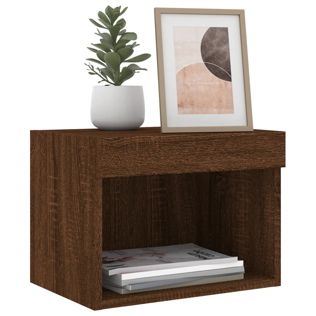 Bedside Cabinet with LED Lights Wall-mounted Brown Oak