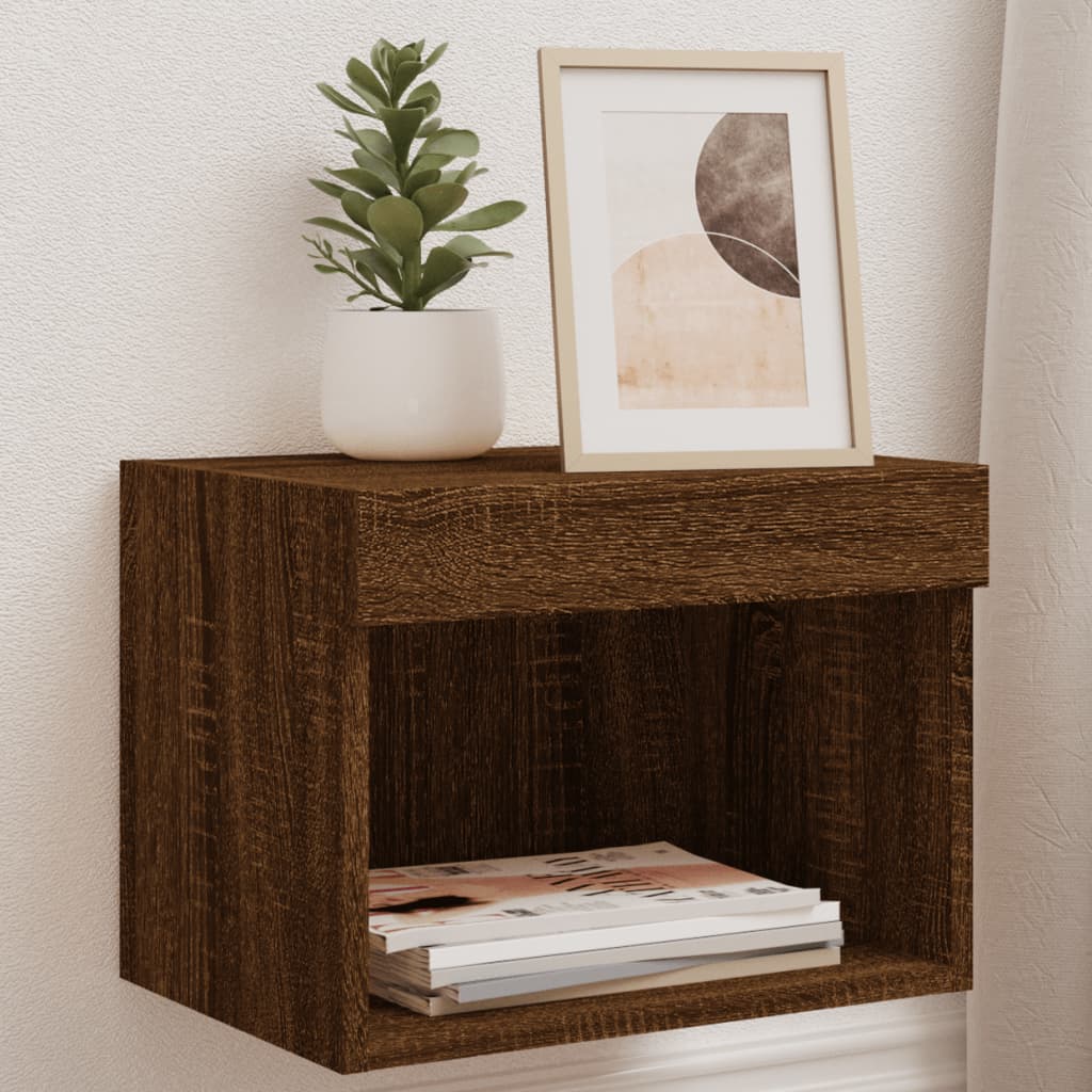 Bedside Cabinet with LED Lights Wall-mounted Brown Oak
