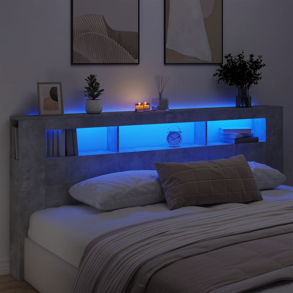 LED Headboard Concrete Grey 220x18.5x103.5 cm Engineered Wood