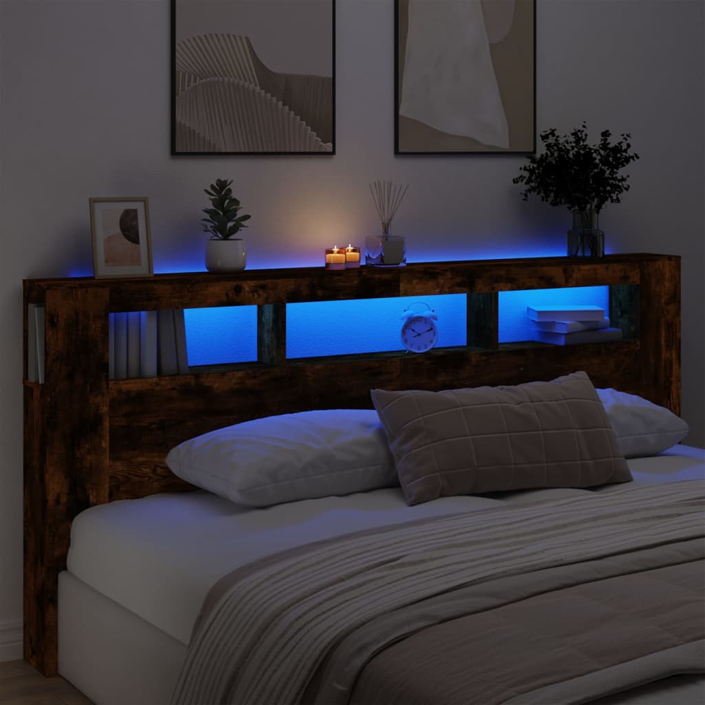 LED Headboard Smoked Oak 220x18.5x103.5 cm Engineered Wood