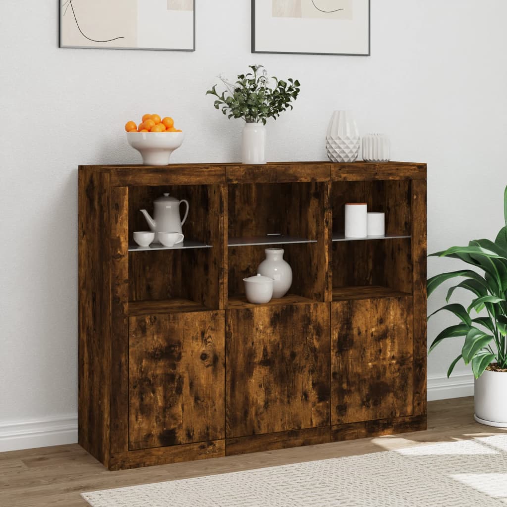 Sideboards with LED Lights 3 pcs Smoked Oak Engineered Wood