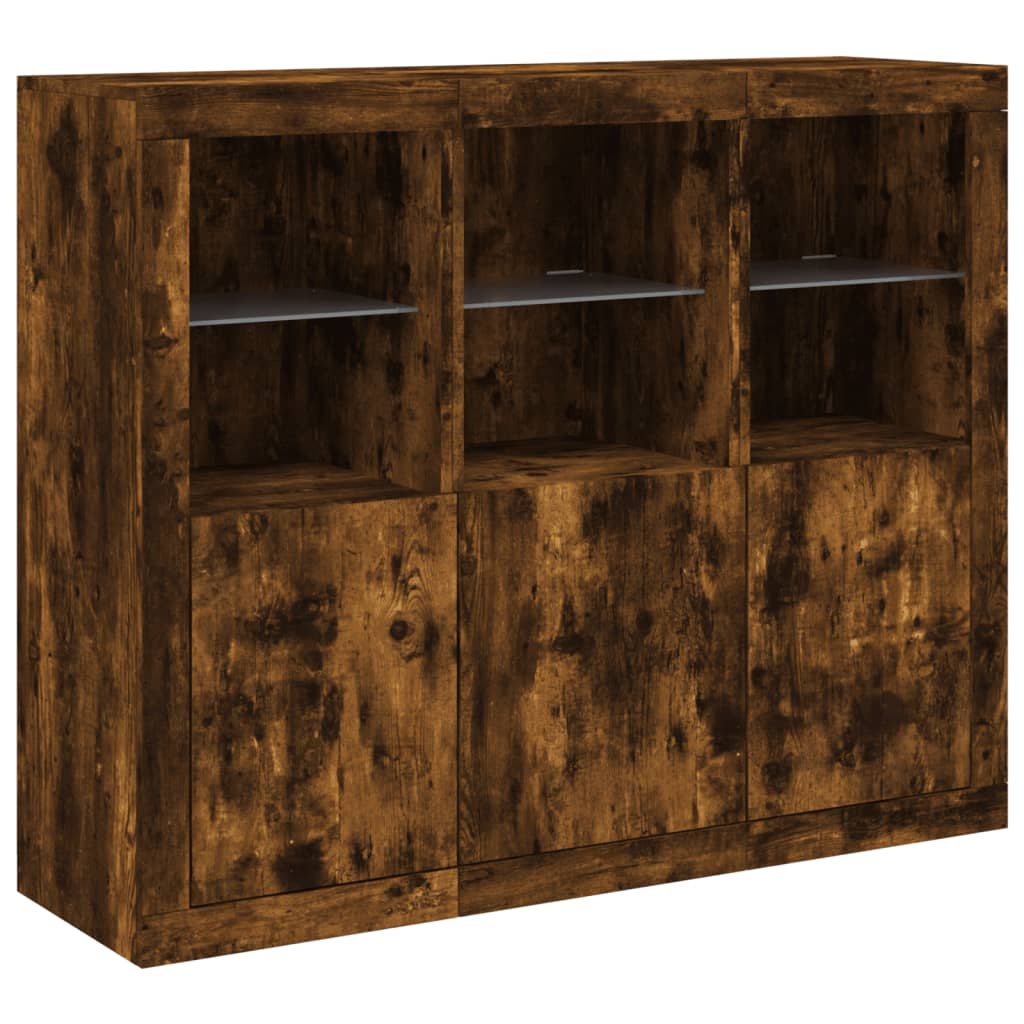 Sideboards with LED Lights 3 pcs Smoked Oak Engineered Wood