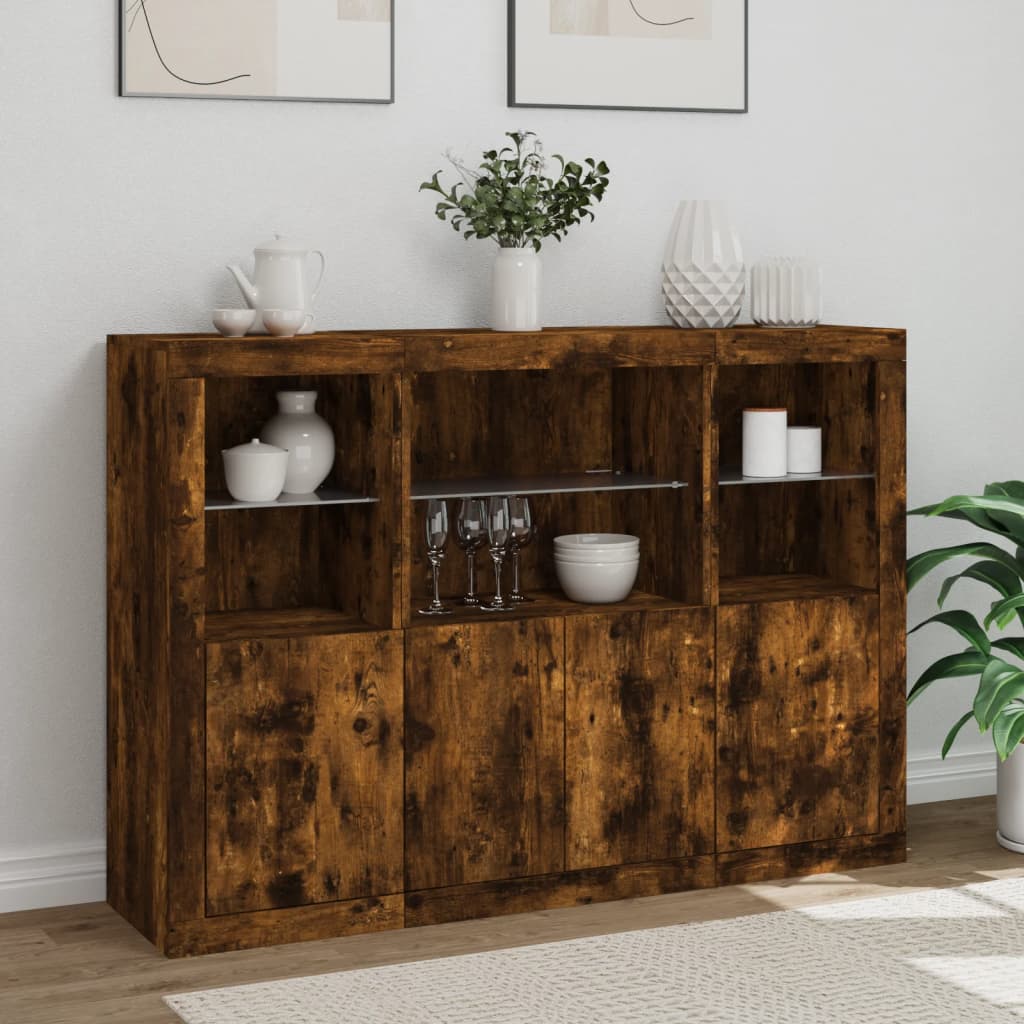 Sideboards with LED Lights 3 pcs Smoked Oak Engineered Wood