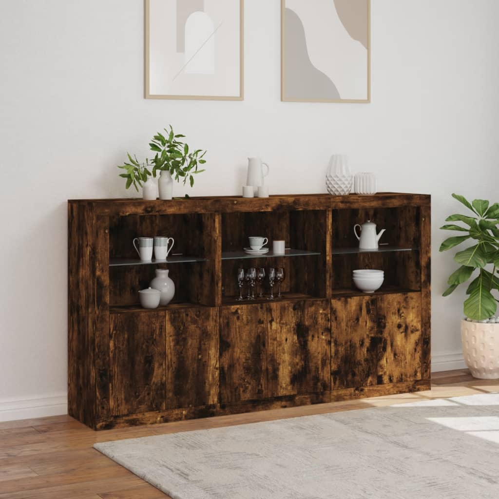 Sideboard with LED Lights Smoked Oak 181.5x37x100 cm