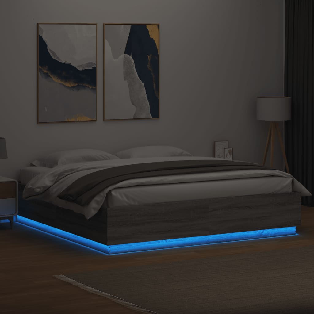 Bed Frame with LED without Mattress Grey Sonoma 200x200 cm