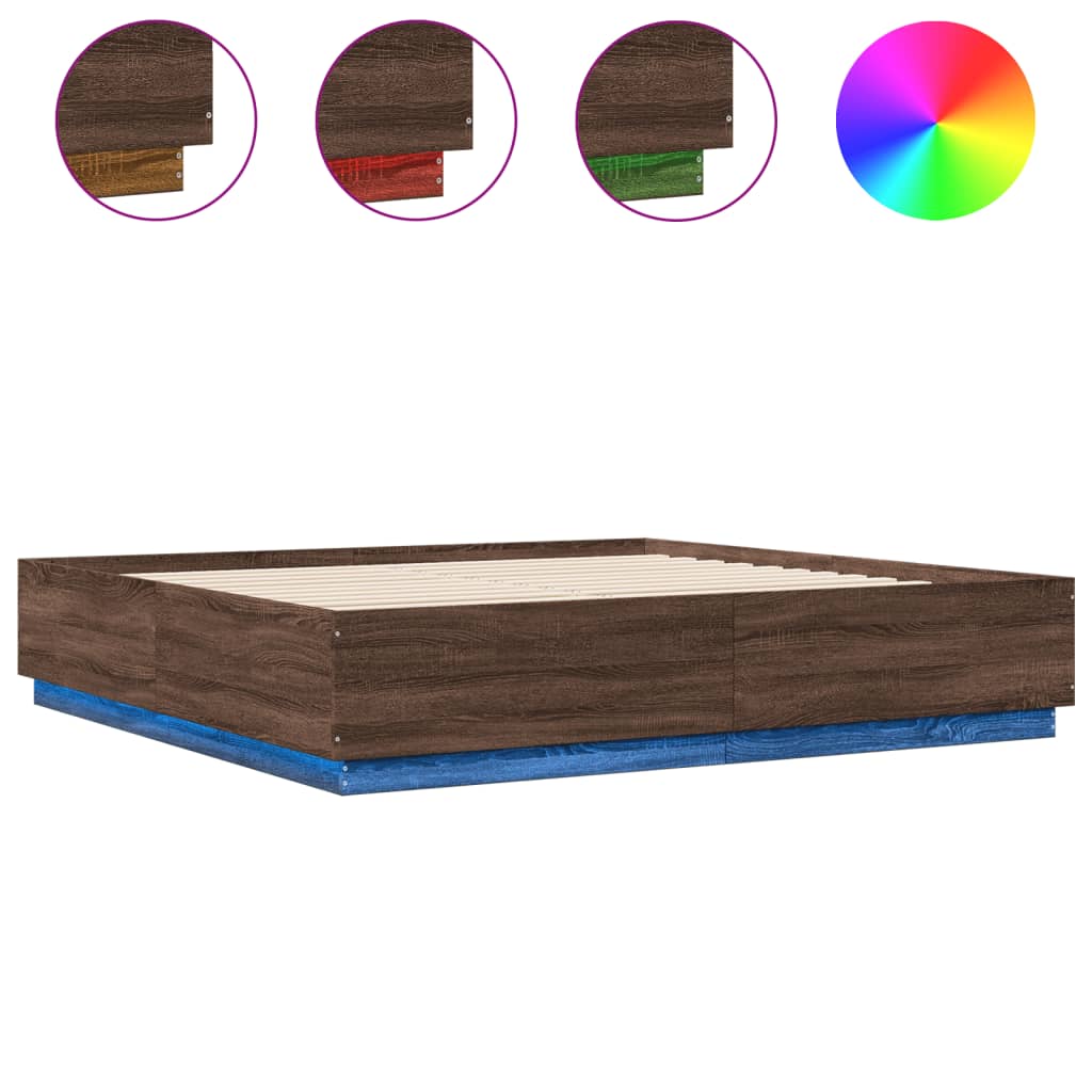 Bed Frame with LED without Mattress Brown Oak 200x200 cm