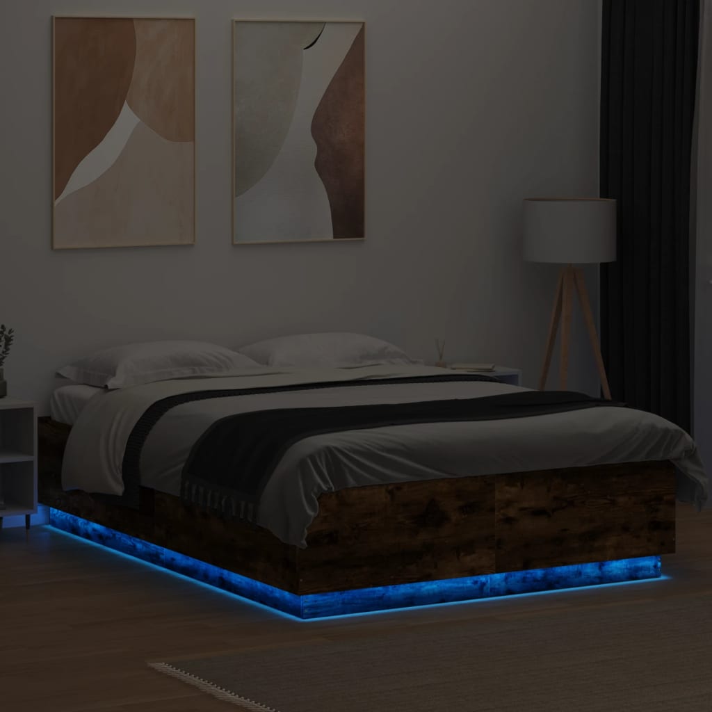 Bed Frame with LED without Mattress Smoked Oak 160x200 cm