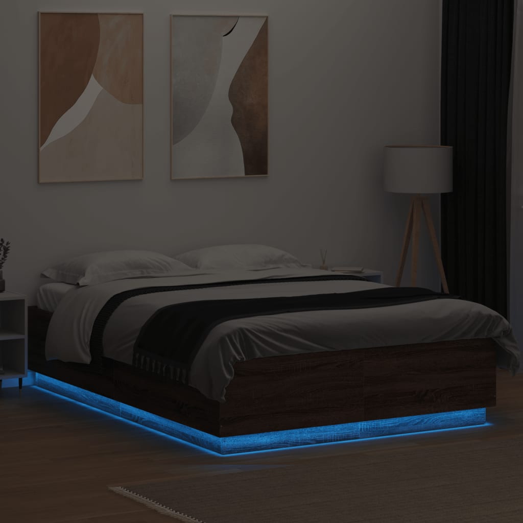 Bed Frame with LED without Mattress Brown Oak 150x200 cm King Size