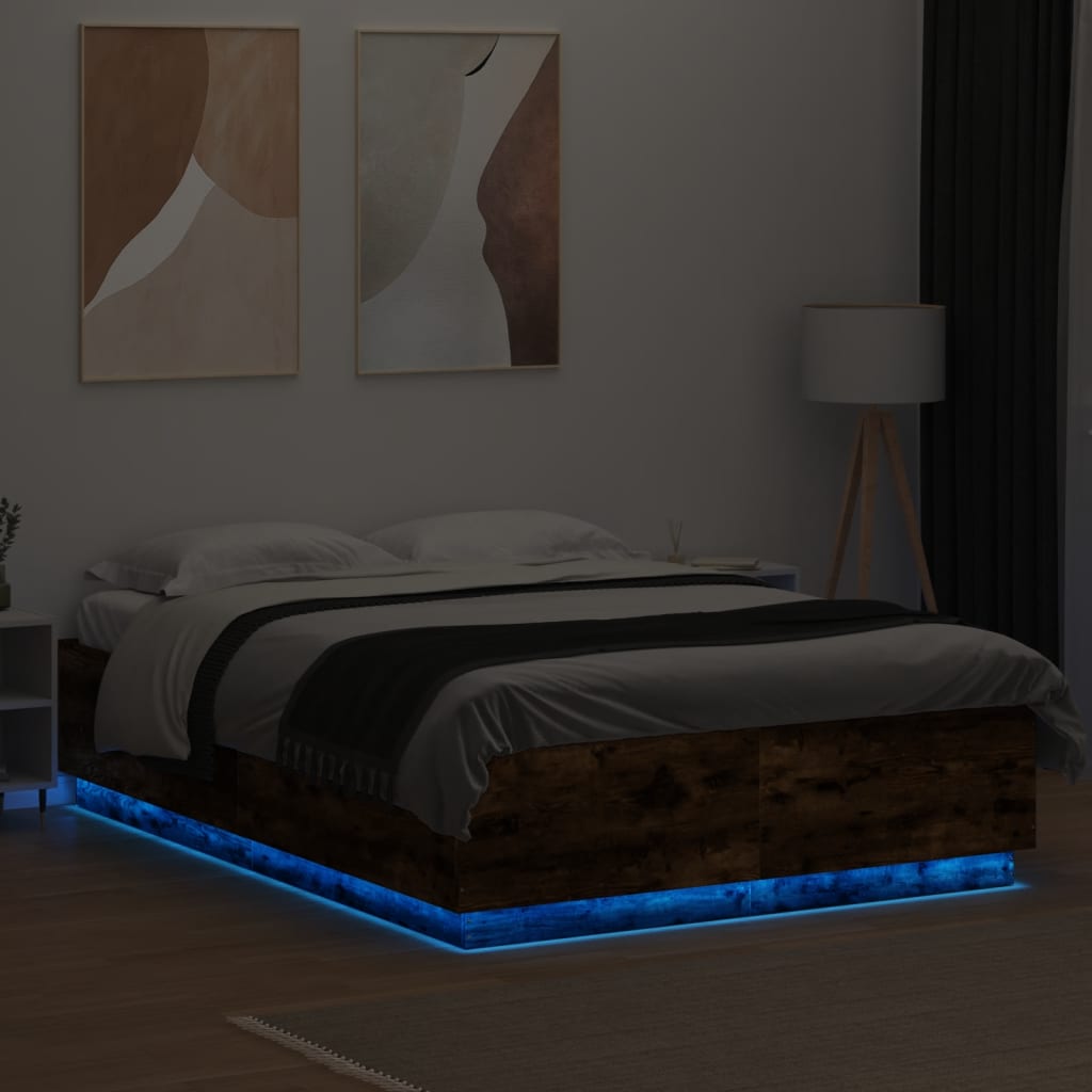 Bed Frame with LED without Mattress Smoked Oak 140x200 cm