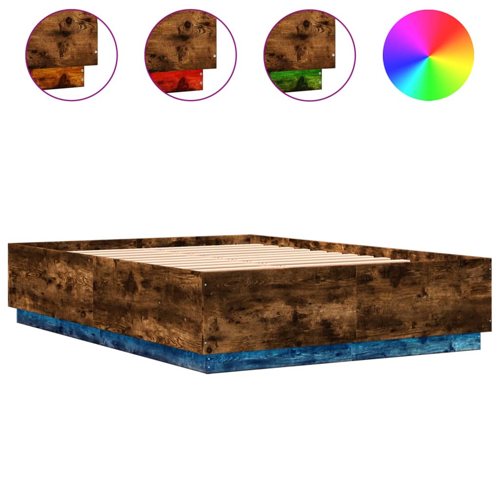 Bed Frame with LED without Mattress Smoked Oak 120x200 cm