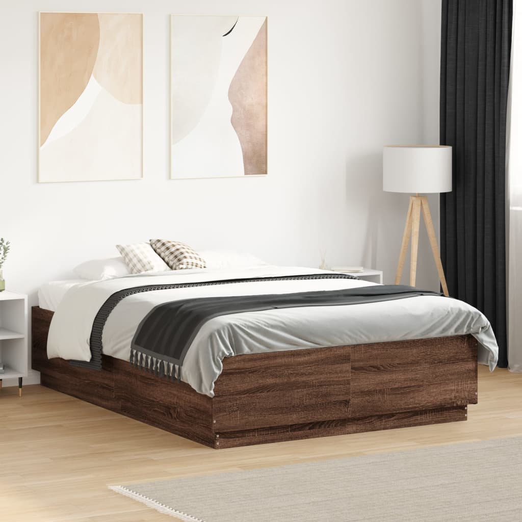 Bed Frame with LED without Mattress Brown Oak 140x190 cm