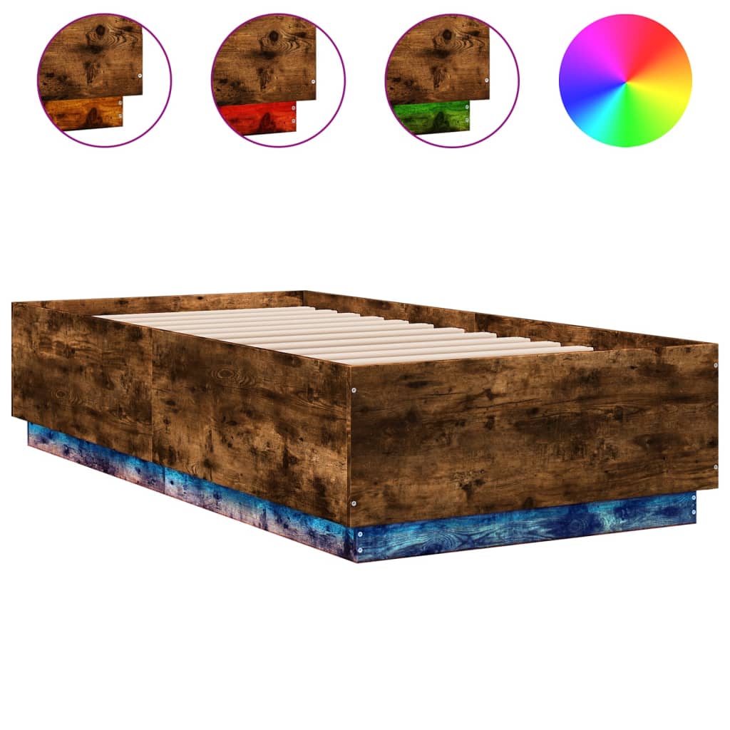 Bed Frame with LED without Mattress Smoked Oak 90x190 cm Single