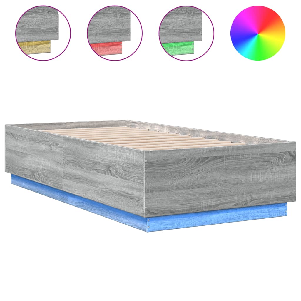 Bed Frame with LED without Mattress Grey Sonoma 75x190 cm Small Single