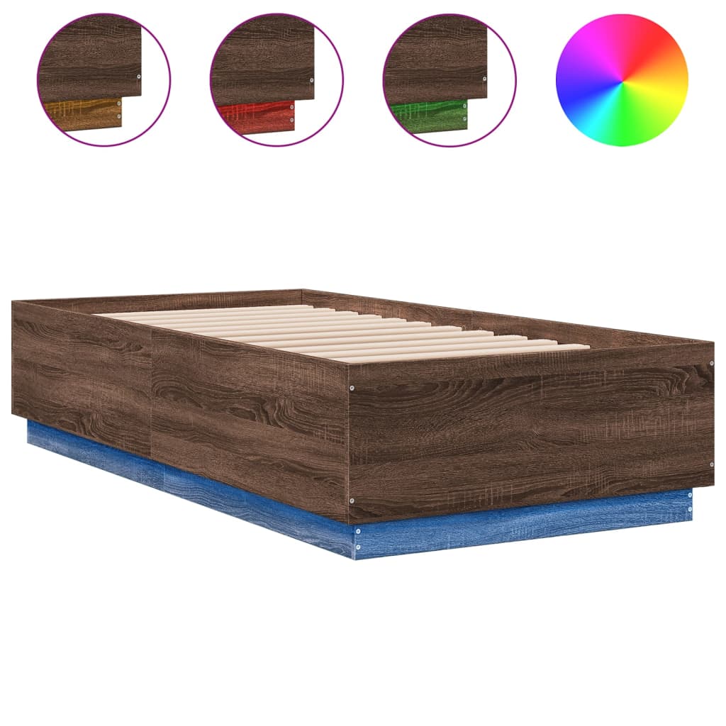 Bed Frame with LED without Mattress Brown Oak 75x190 cm Small Single