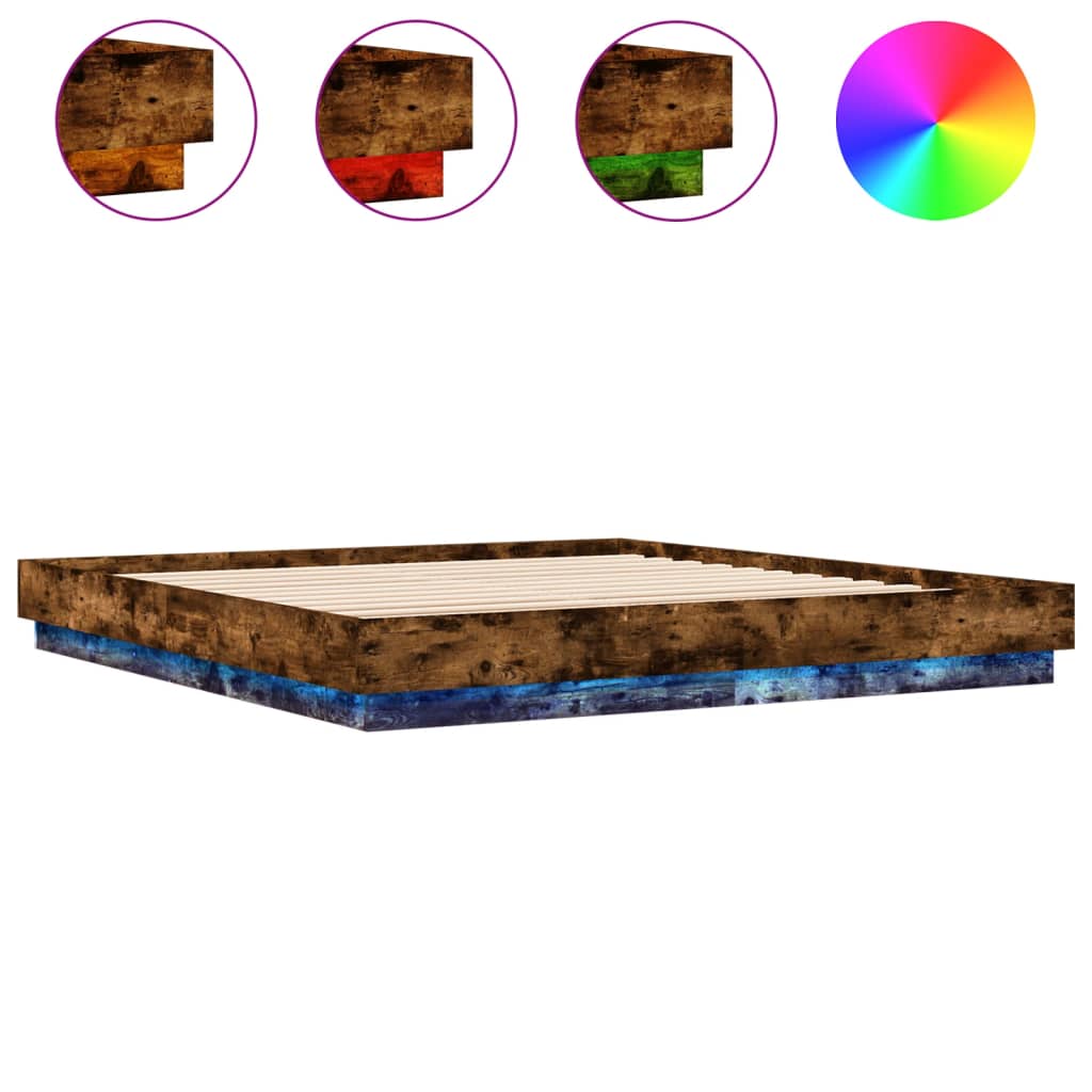 Bed Frame with LED without Mattress Smoked Oak 200x200 cm
