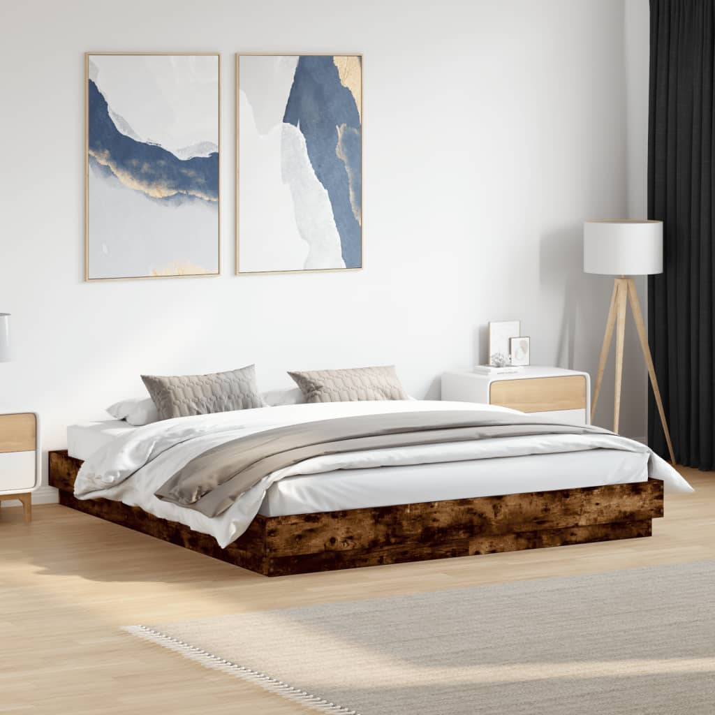 Bed Frame with LED without Mattress Smoked Oak 200x200 cm