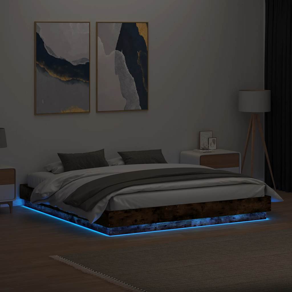 Bed Frame with LED without Mattress Smoked Oak 180x200 cm Super King