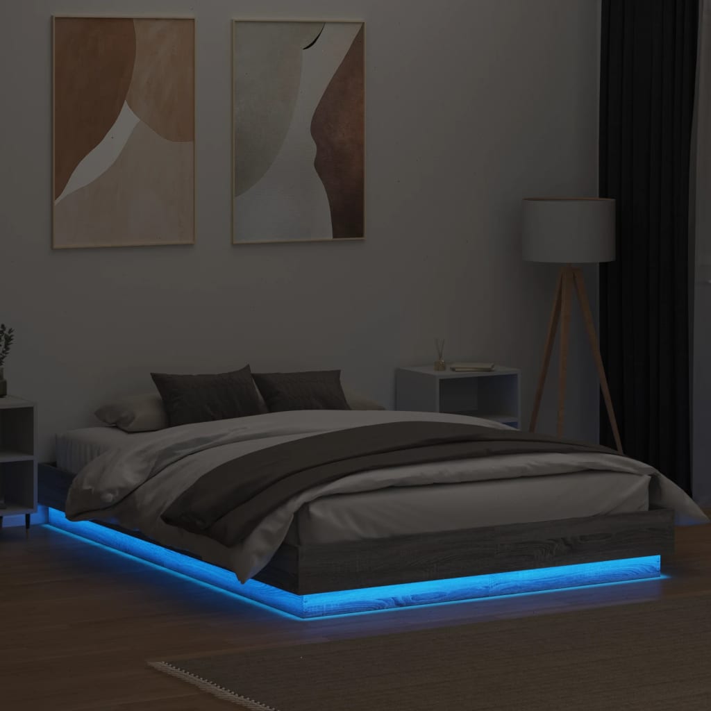 Bed Frame with LED without Mattress Grey Sonoma 150x200 cm King Size