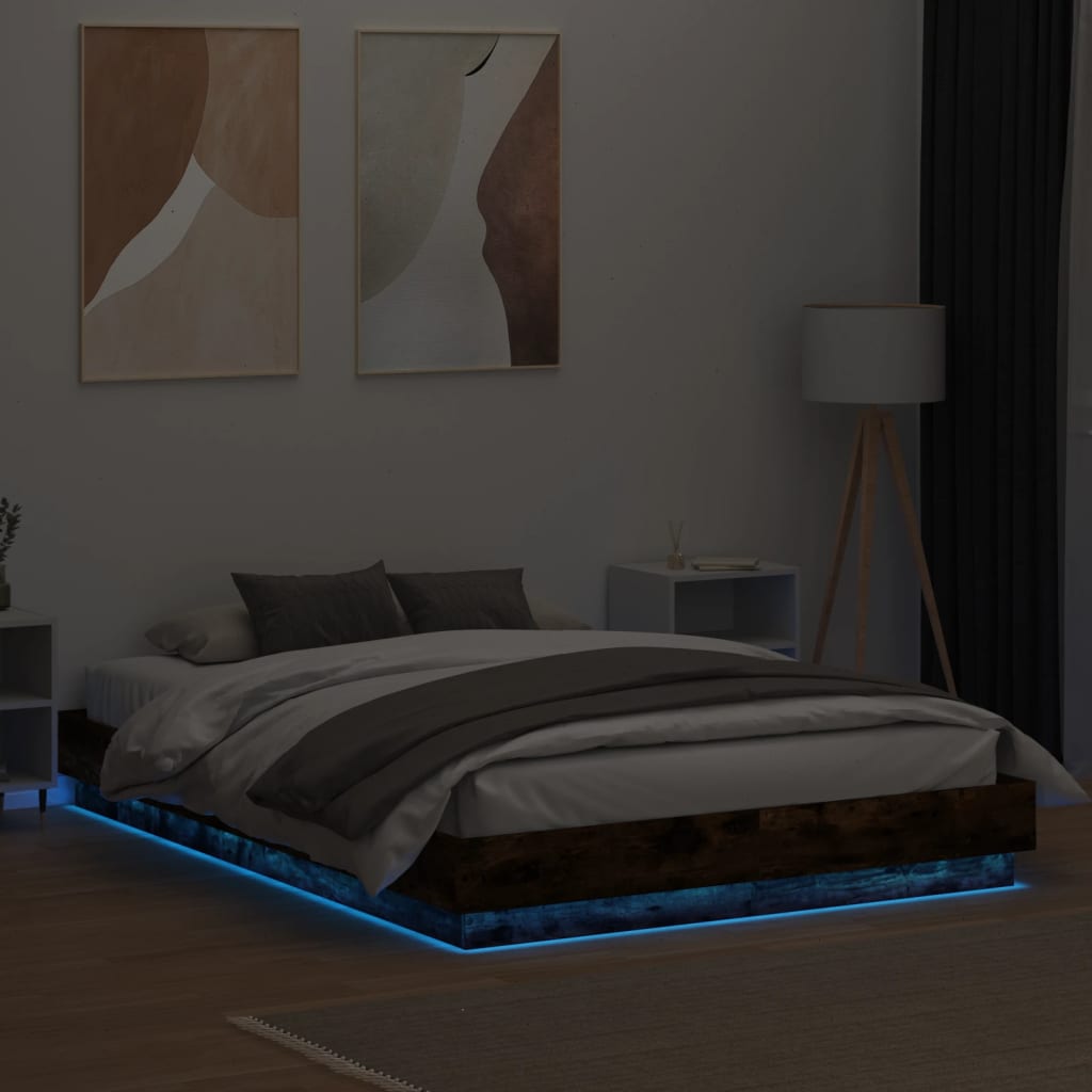 Bed Frame with LED without Mattress Smoked Oak 140x200 cm