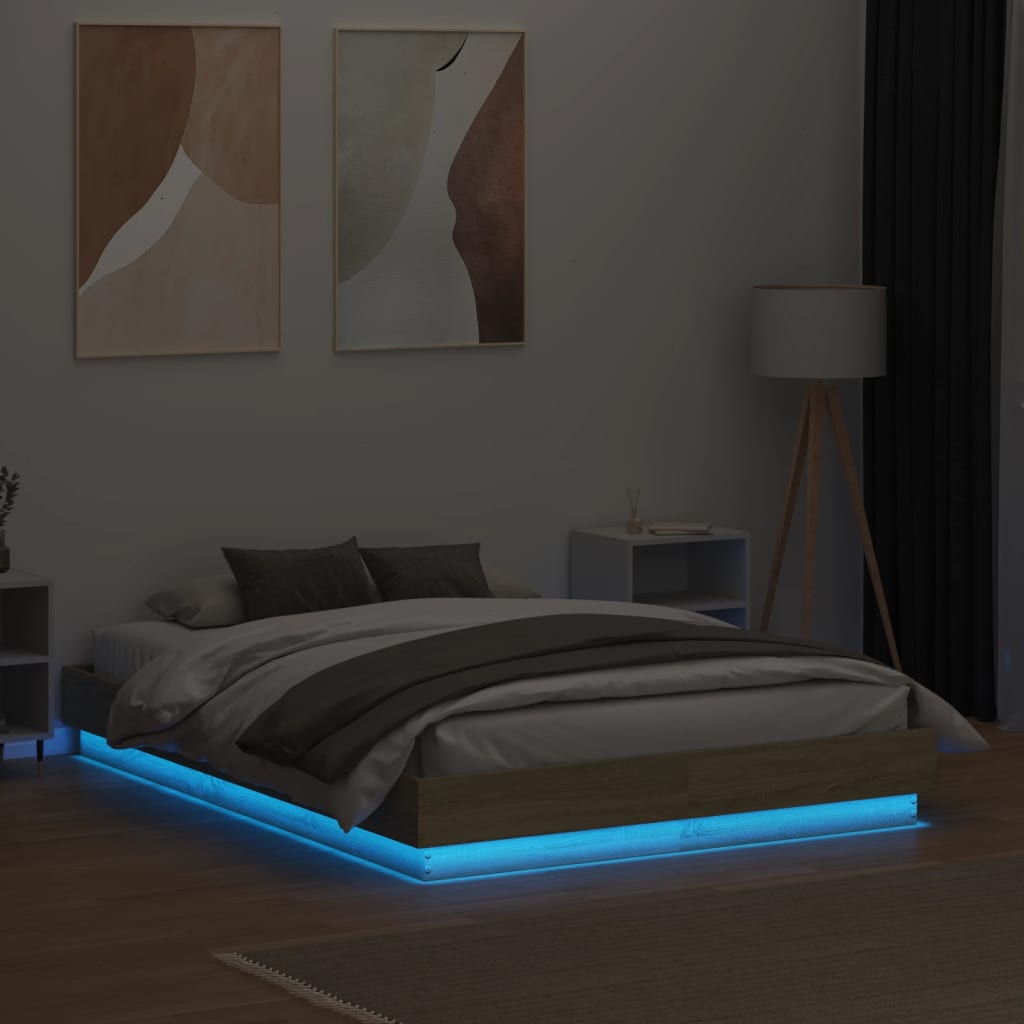 Bed Frame with LED without Mattress Sonoma Oak 135x190 cm Double