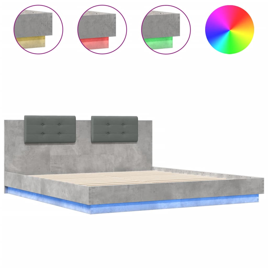 Bed Frame with LED without Mattress Concrete Grey 200x200 cm