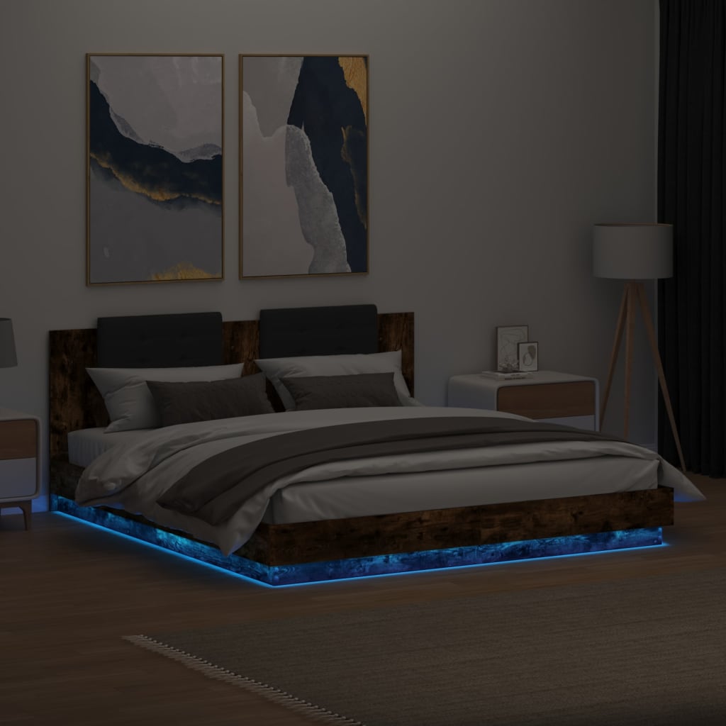 Bed Frame with LED without Mattress Smoked Oak 200x200 cm
