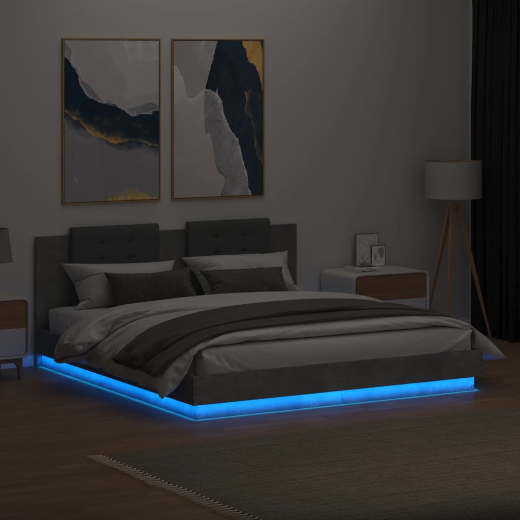 Bed Frame with LED without Mattress Concrete Grey 180x200 cm Super King
