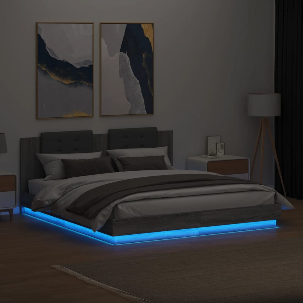 Bed Frame with LED without Mattress Grey Sonoma 180x200 cm Super King