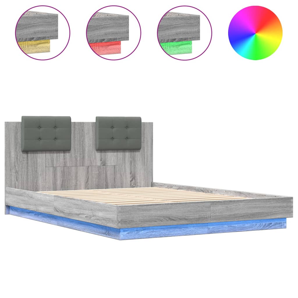 Bed Frame with LED without Mattress Grey Sonoma 150x200 cm King Size