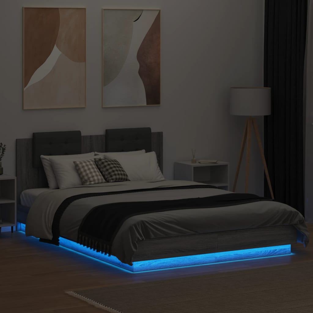 Bed Frame with LED without Mattress Grey Sonoma 150x200 cm King Size