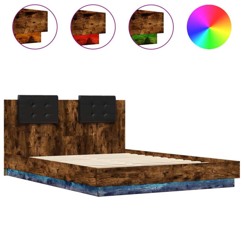 Bed Frame with LED without Mattress Smoked Oak 120x200 cm