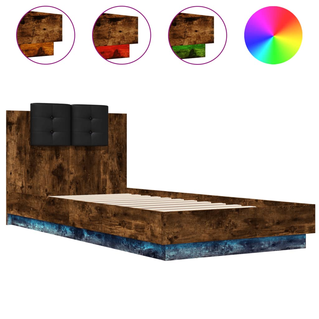 Bed Frame with LED without Mattress Smoked Oak 90x200 cm