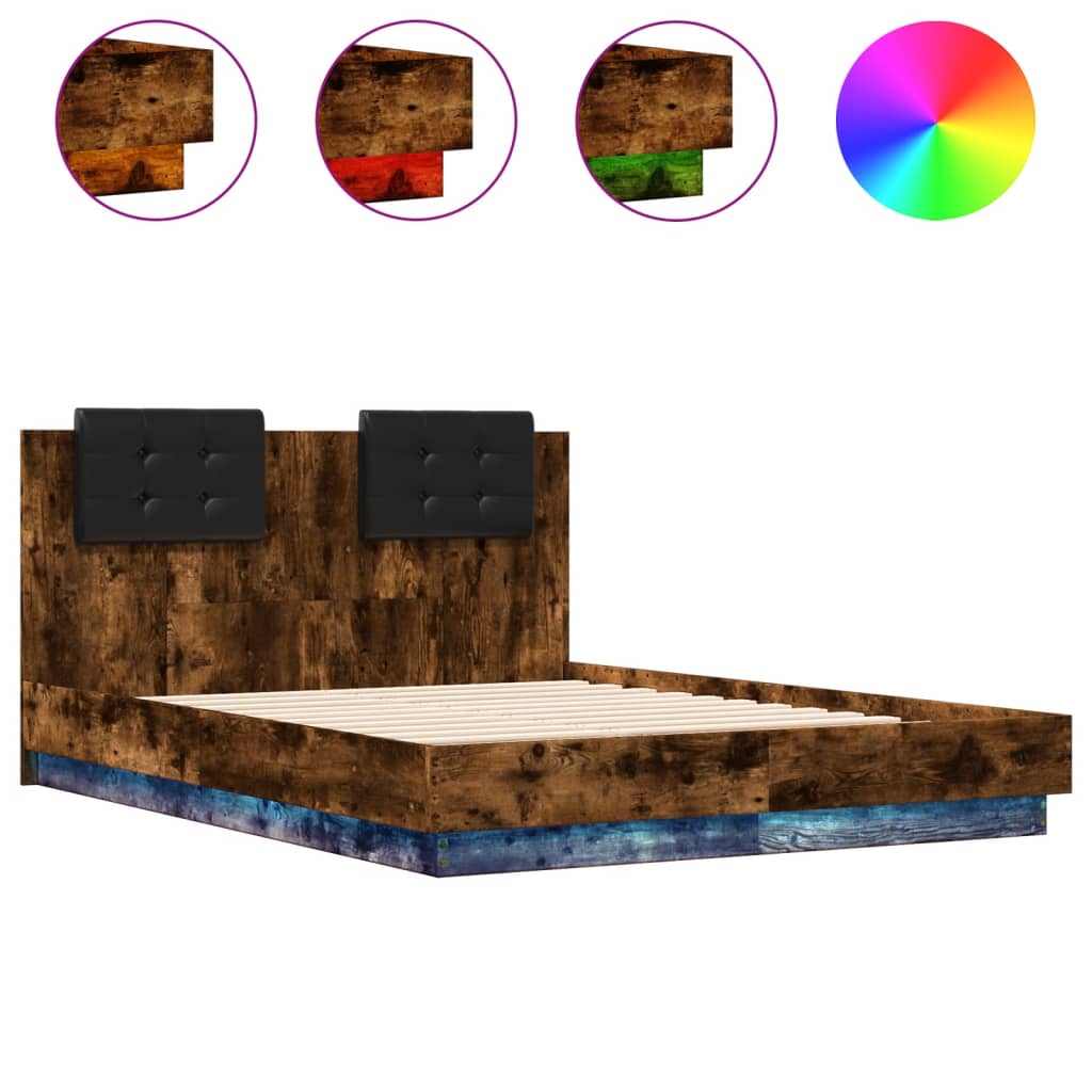 Bed Frame with LED without Mattress Smoked Oak 120x190 cm Small Double