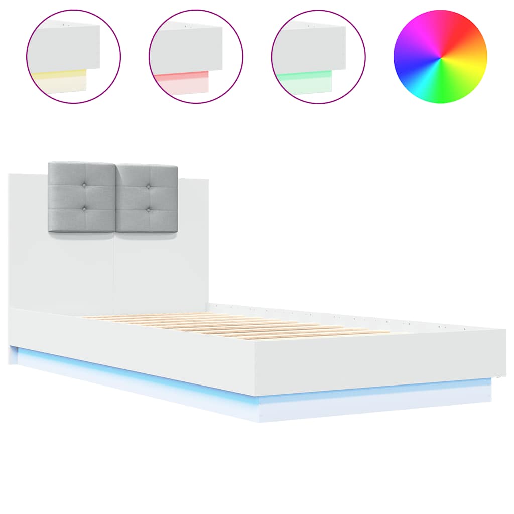 Bed Frame with LED without Mattress White 75x190 cm Small Single
