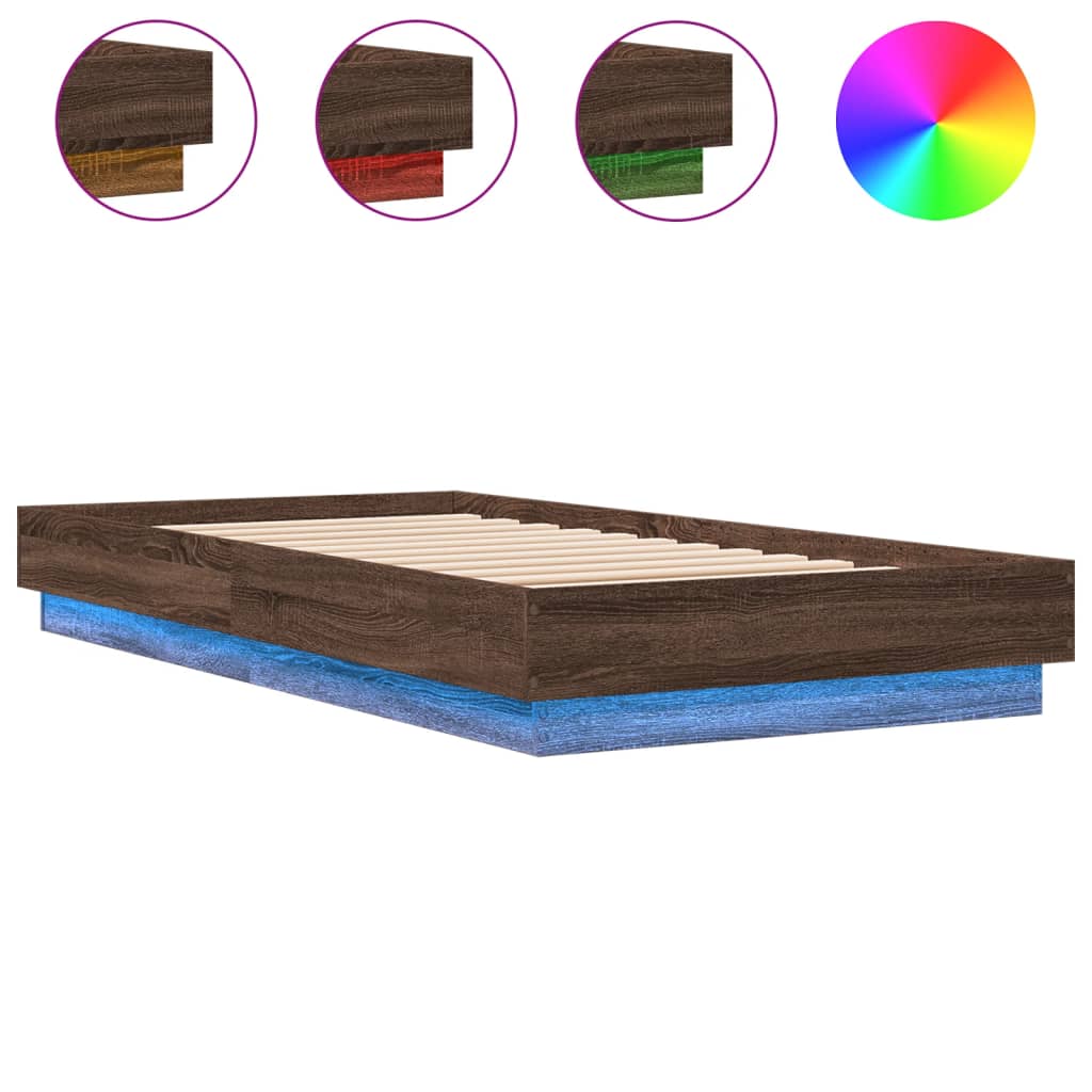Bed Frame without Mattress with LED Lights Brown Oak 75x190 cm Small Single