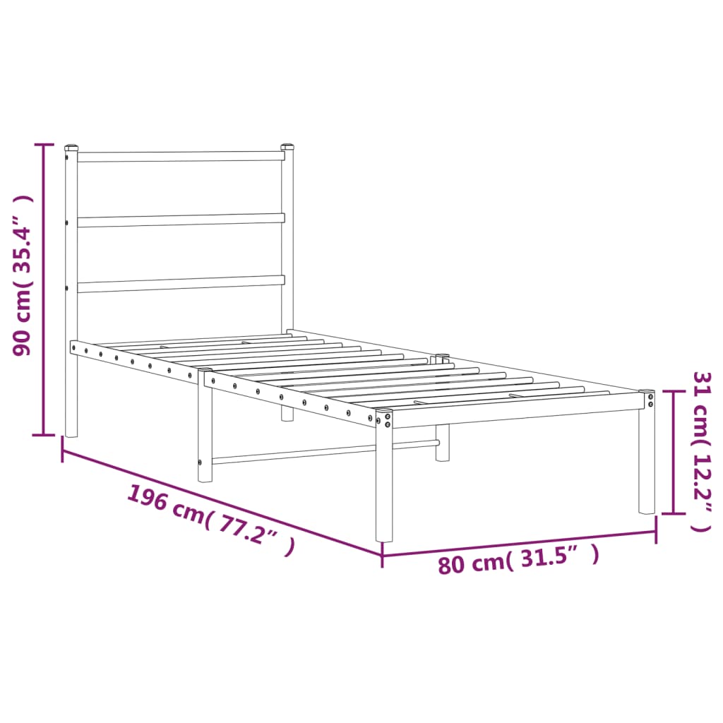 Metal Bed Frame without Mattress with Headboard Black 75x190cm