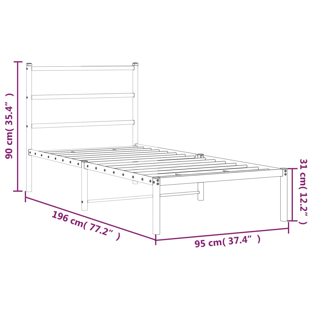 Metal Bed Frame without Mattress with Headboard Black 90x190cm