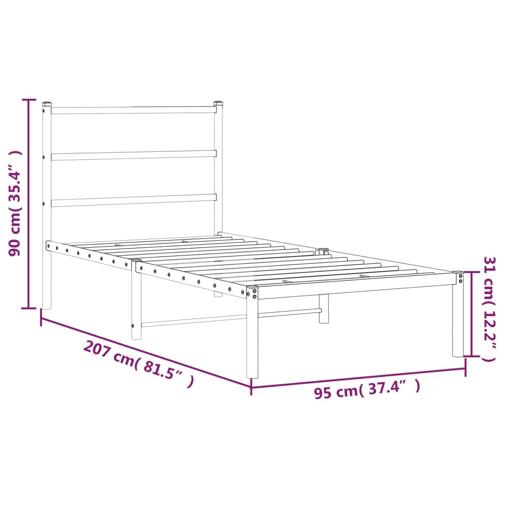 Metal Bed Frame without Mattress with Headboard Black 90x200cm