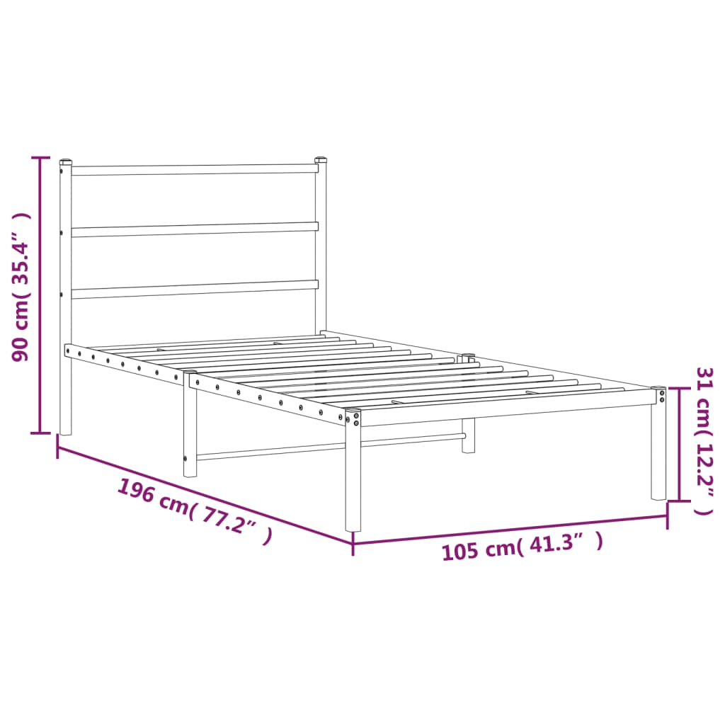 Metal Bed Frame without Mattress with Headboard Black 100x190cm