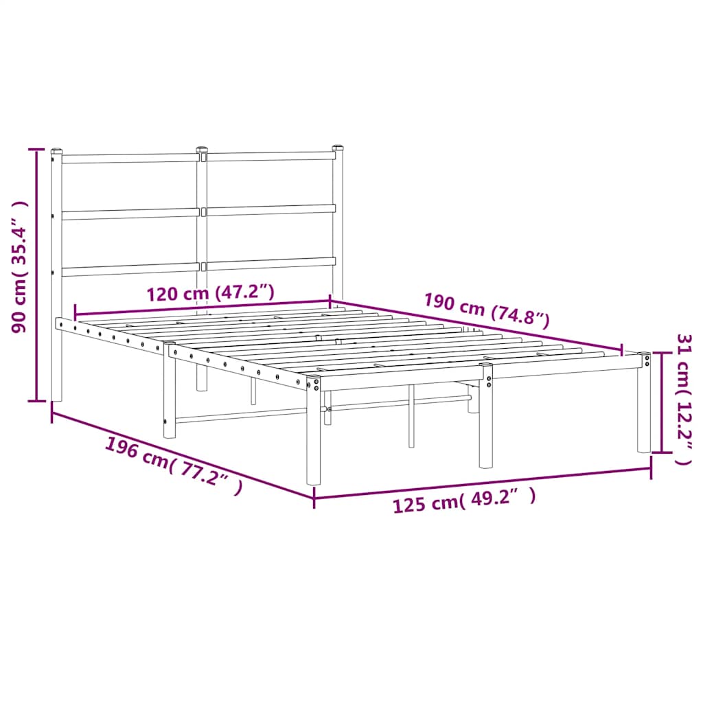 Metal Bed Frame without Mattress with Headboard Black 120x190cm