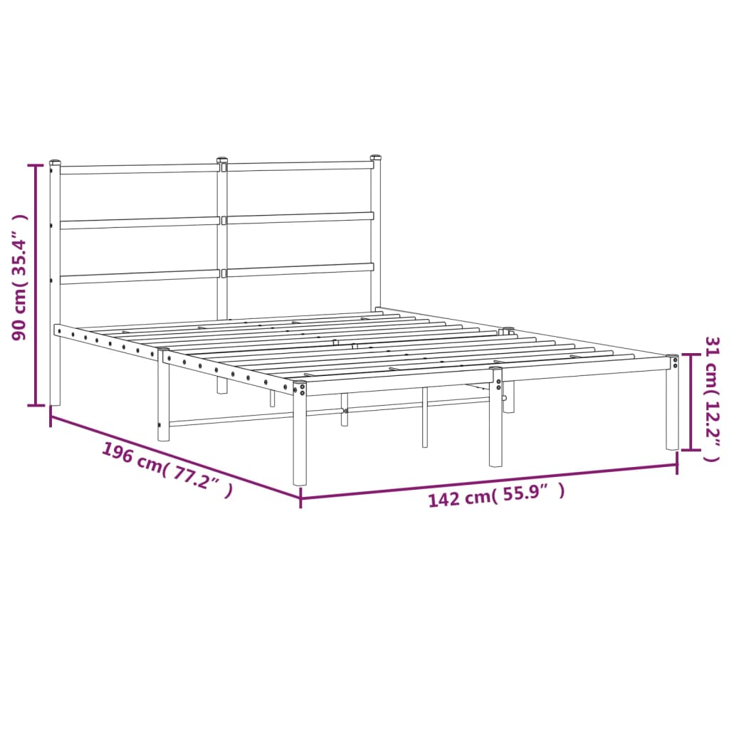 Metal Bed Frame without Mattress with Headboard Black 135x190cm